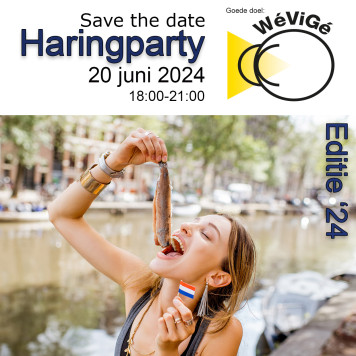 Save the date voor de Haringparty op 20 juni 2024 met foto van een meisje die een haring boven haar mond houdt. dit jaar is het goede doel WeViGe